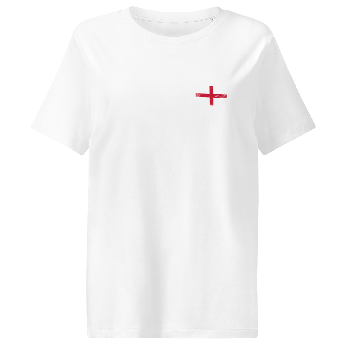 England flag t-shirt in White, vintage-washed print, small flag on the left chest, women cut, front view