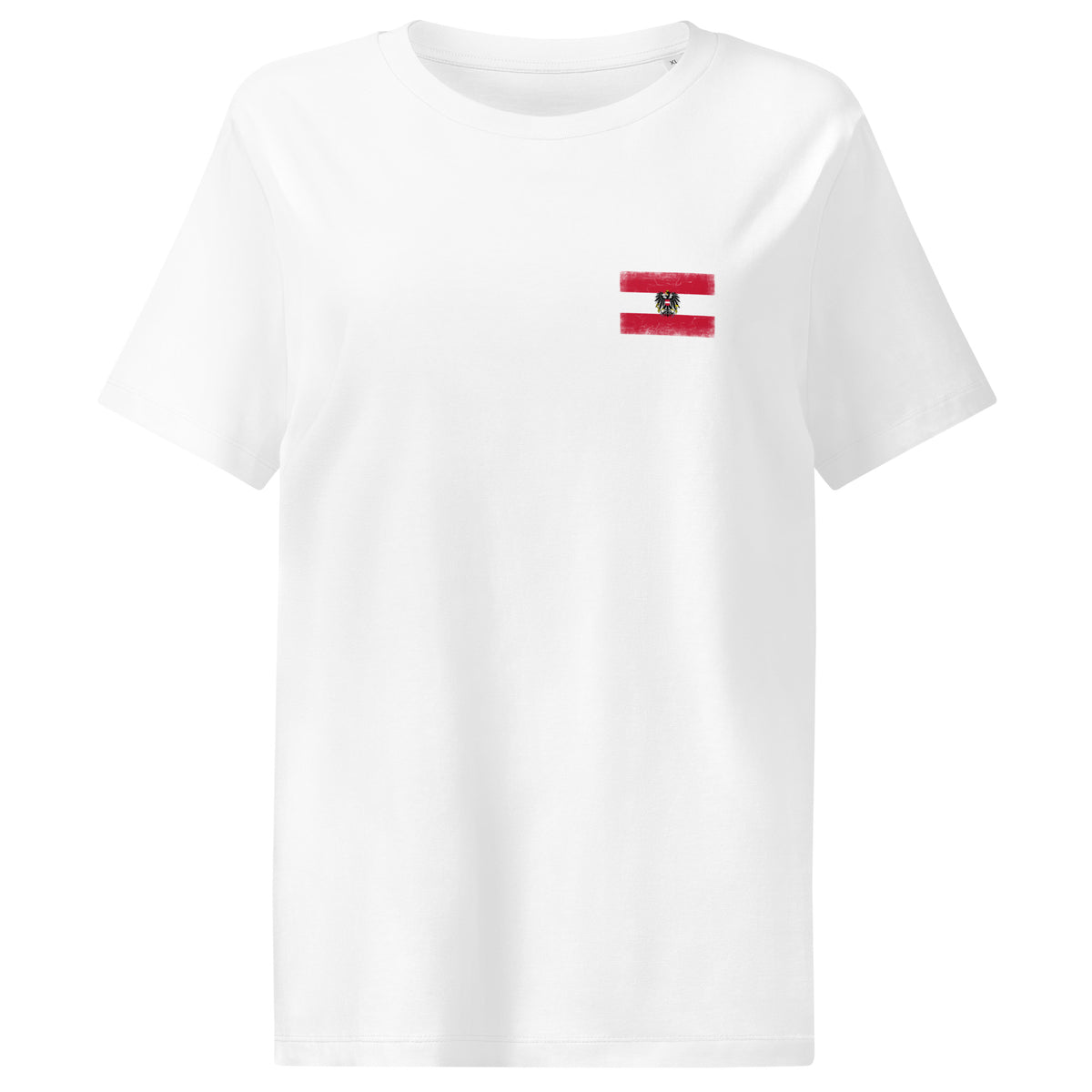Austria flag t-shirt in White, vintage-washed print, small flag on the left chest, women cut, front view