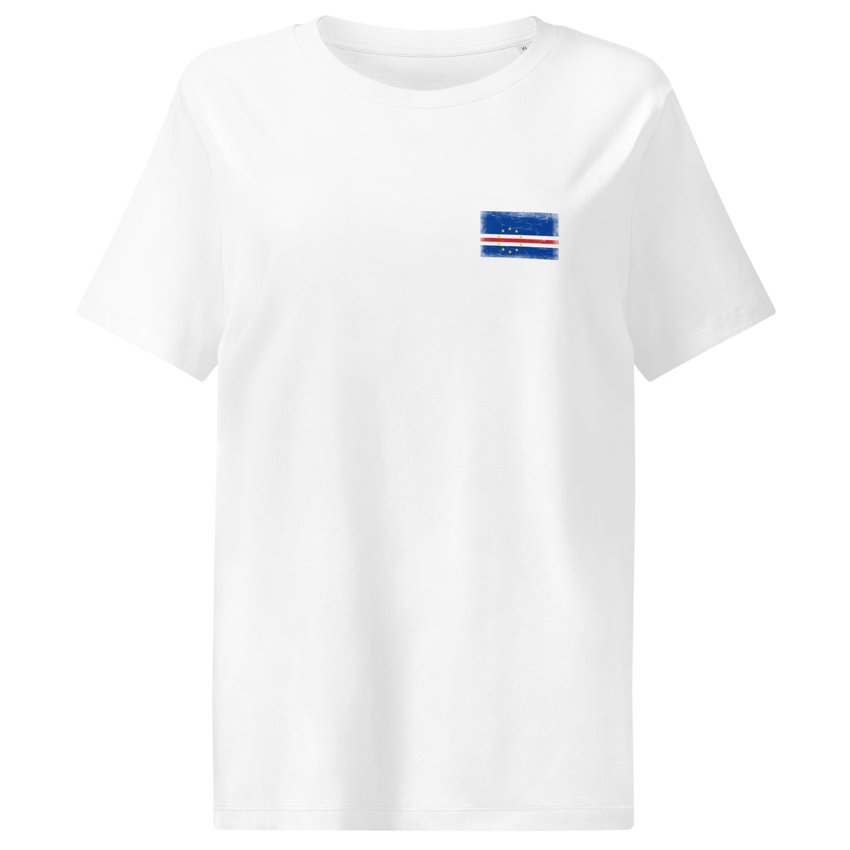 Cape Verde flag t-shirt in White, vintage-washed print, small flag on the left chest, women cut, front view