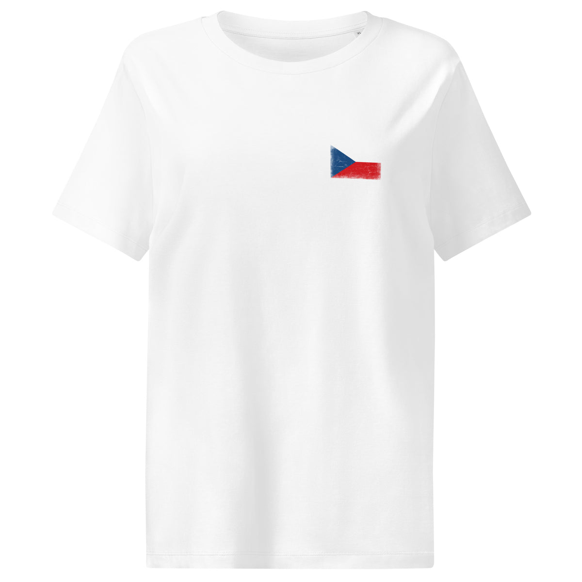 Czechia flag t-shirt in White, vintage-washed print, small flag on the left chest, women cut, front view