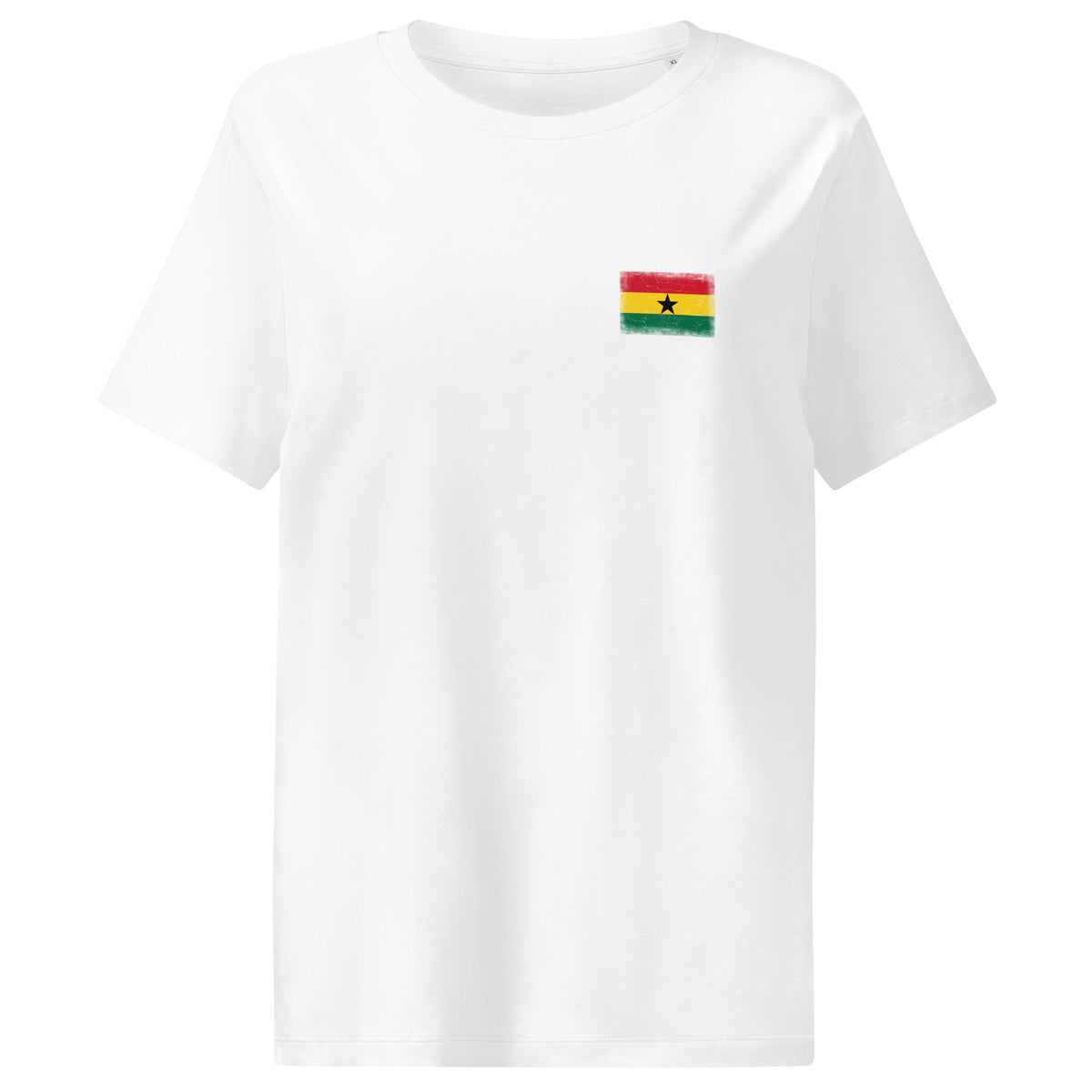Ghana flag t-shirt in White, vintage-washed print, small flag on the left chest, women cut, front view