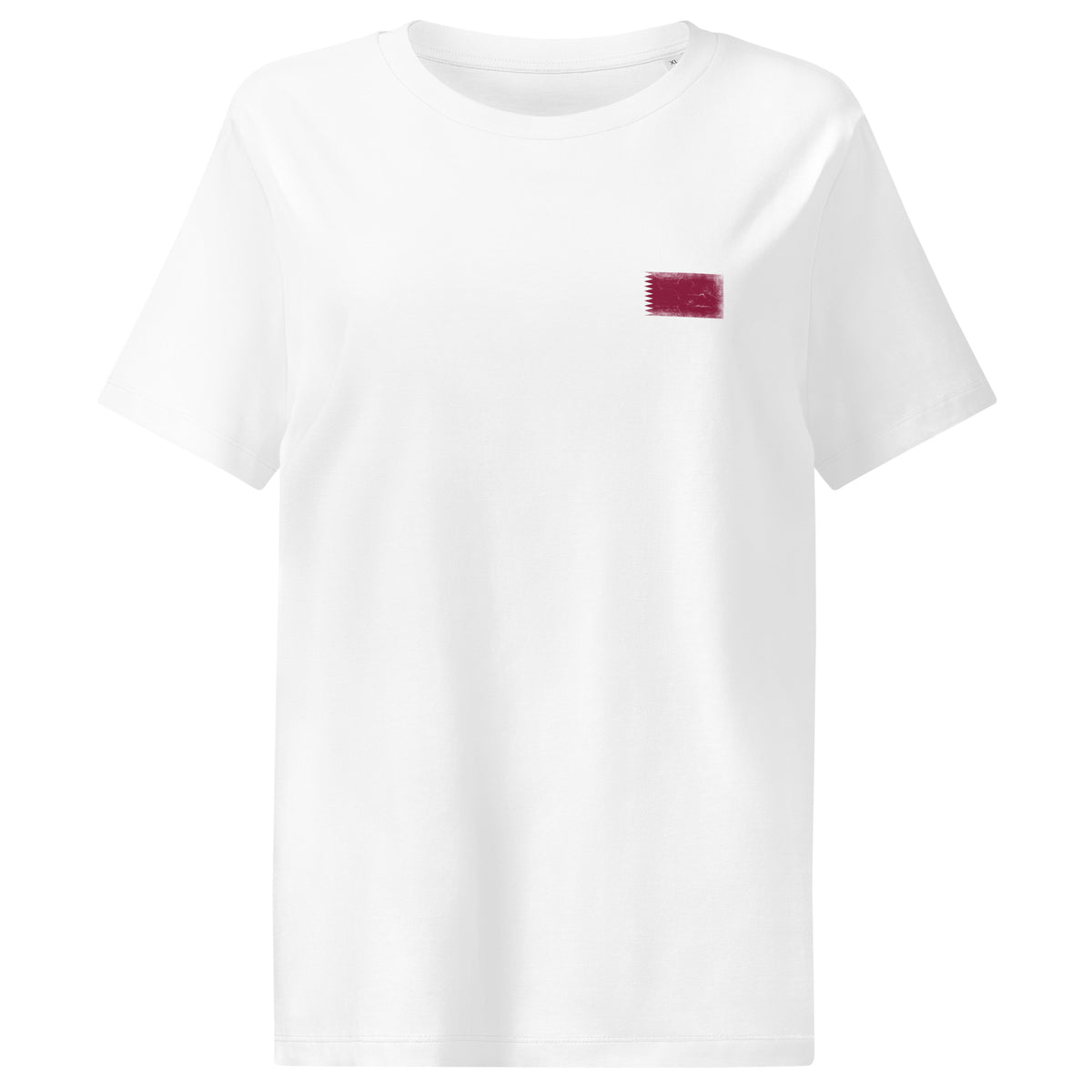 Qatar flag t-shirt in White, vintage-washed print, small flag on the left chest, women cut, front view