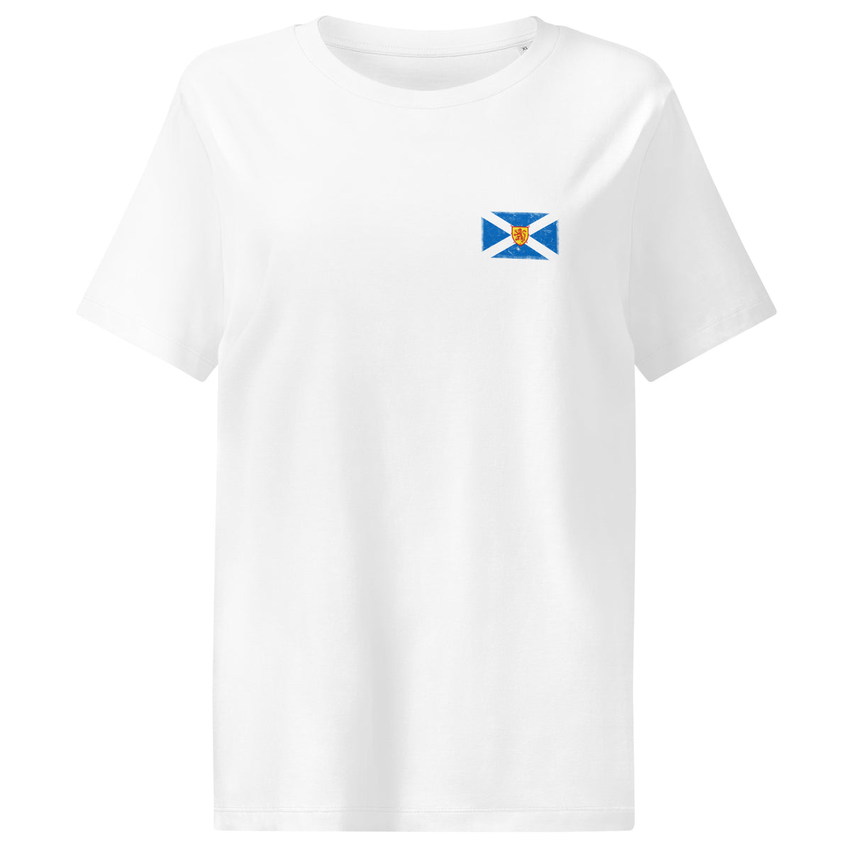 Scotland flag t-shirt in White, vintage-washed print, small flag on the left chest, women cut, front view