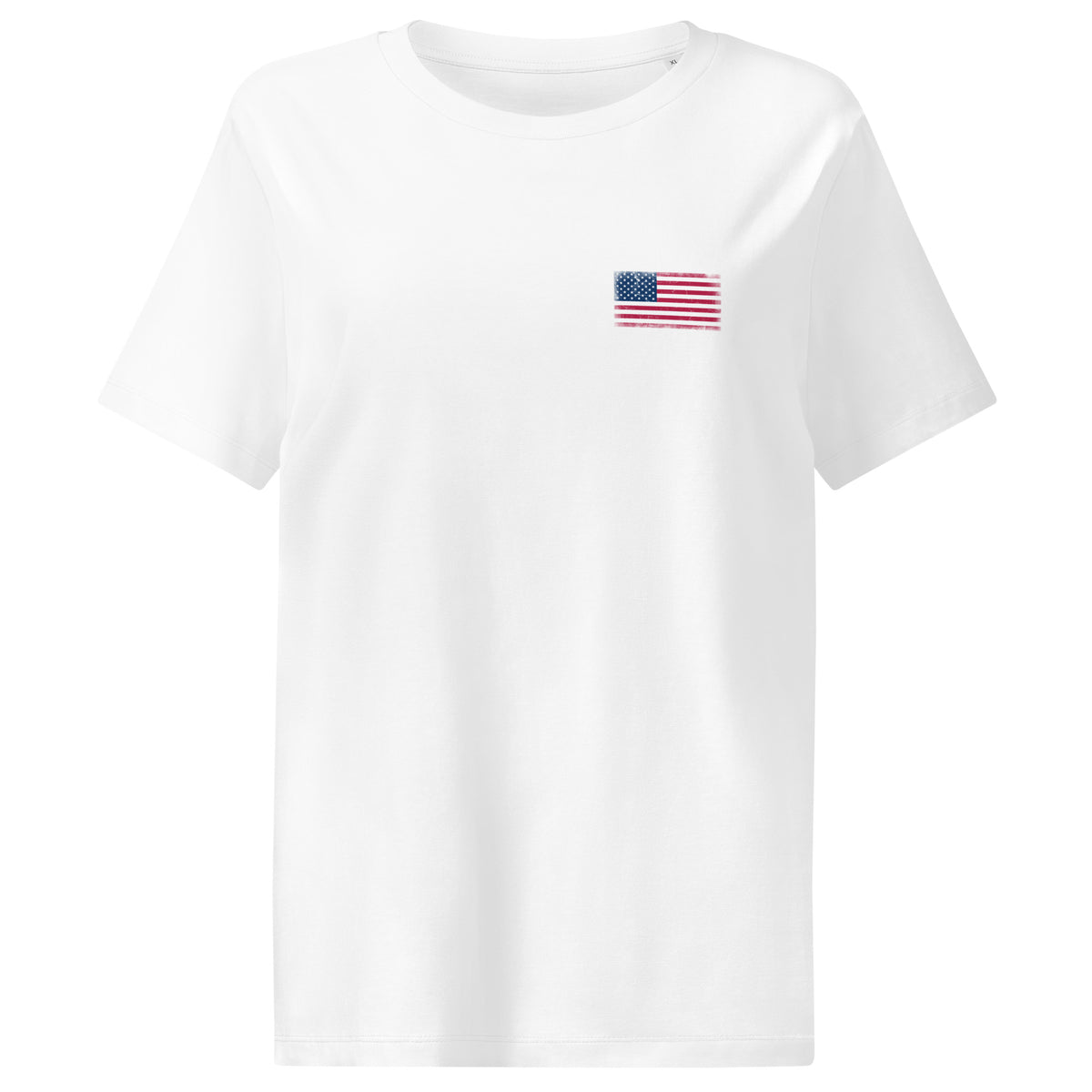 USA flag t-shirt in White, vintage-washed print, small flag on the left chest, women cut, front view