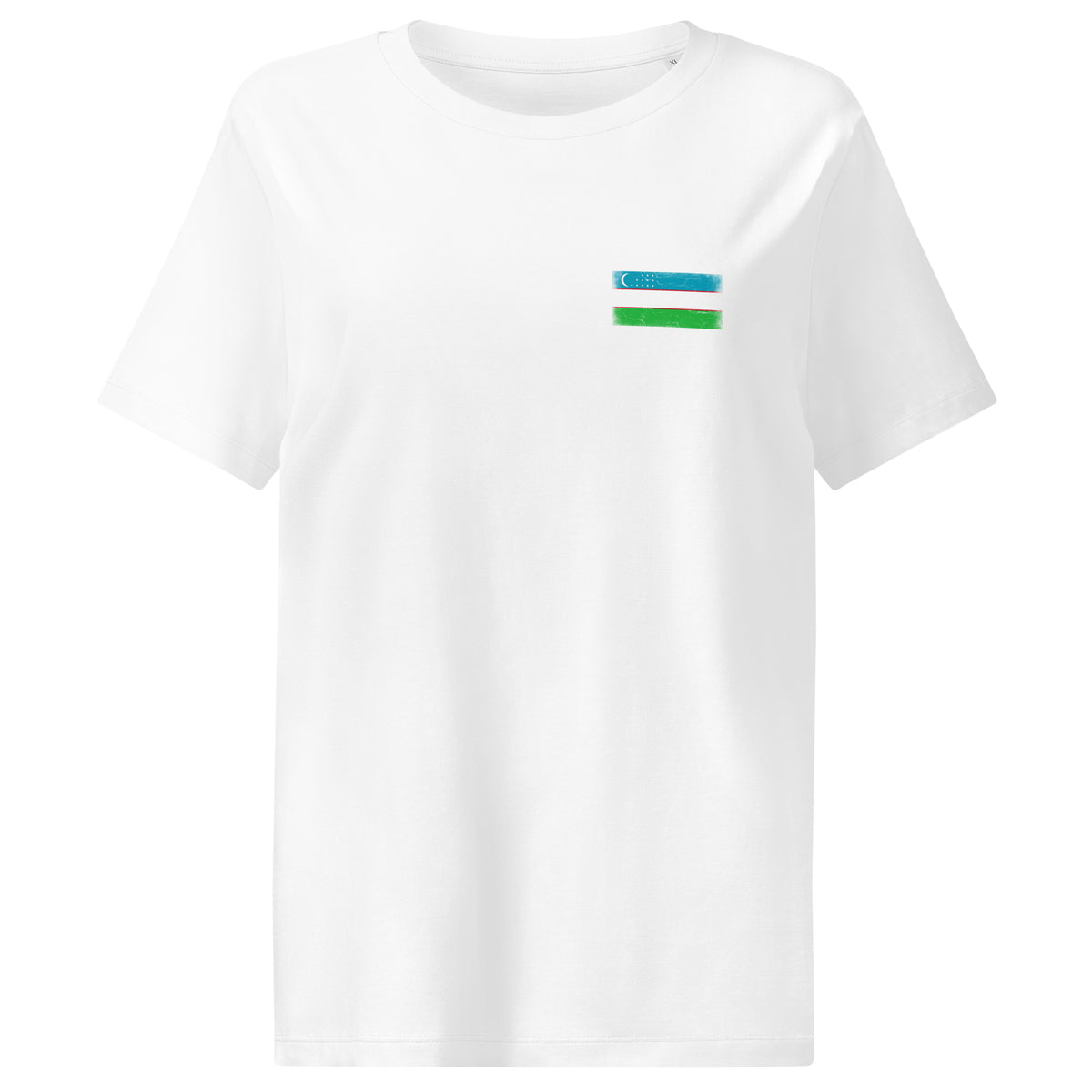 Uzbekistan flag t-shirt in White, vintage-washed print, small flag on the left chest, women cut, front view