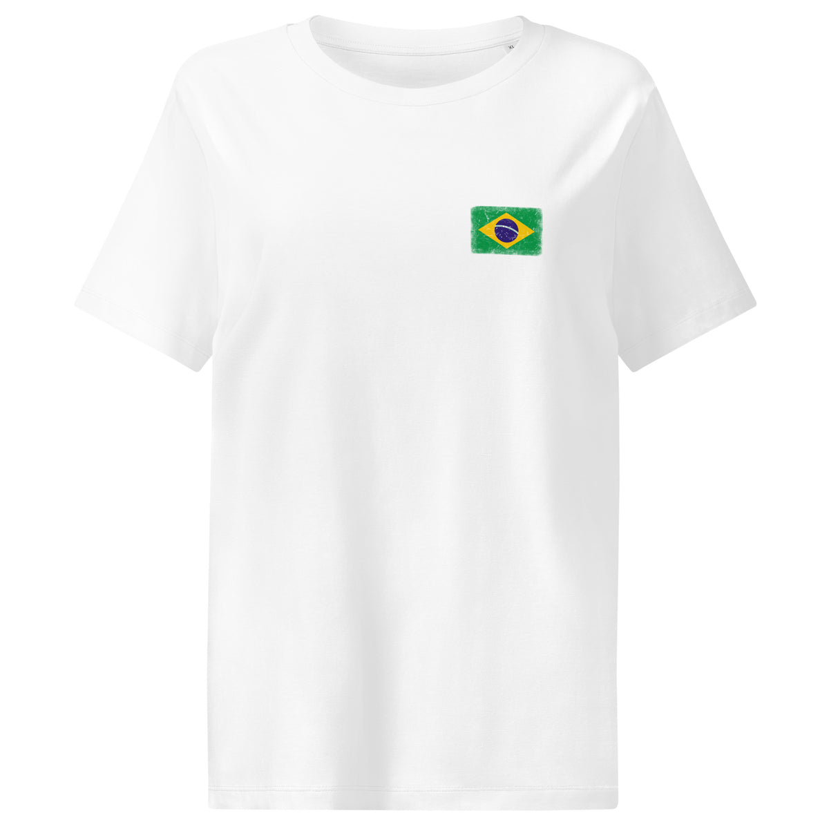 Brasil flag t-shirt in White, vintage-washed print, small flag on the left chest, women cut, front view