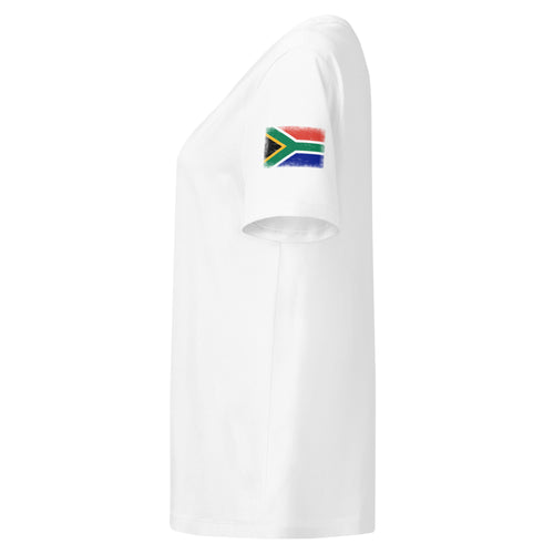 South Africa flag t-shirt in White, vintage-washed print, flag badge on the left sleeve, women cut, side view