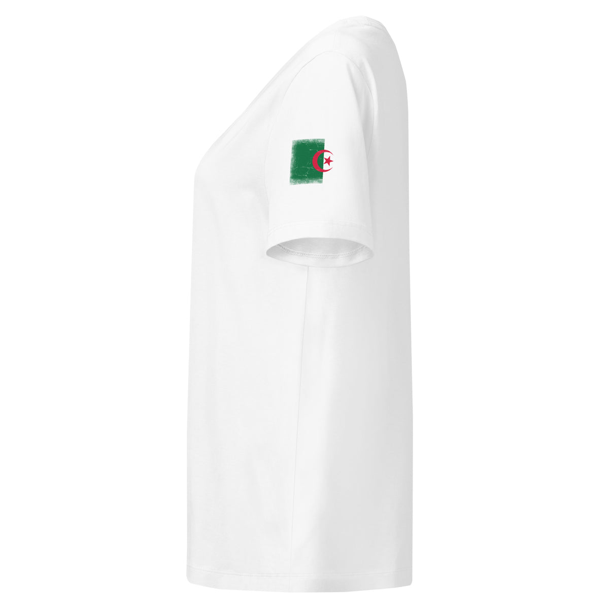 Algeria flag t-shirt in White, vintage-washed print, flag badge on the left sleeve, women cut, side view