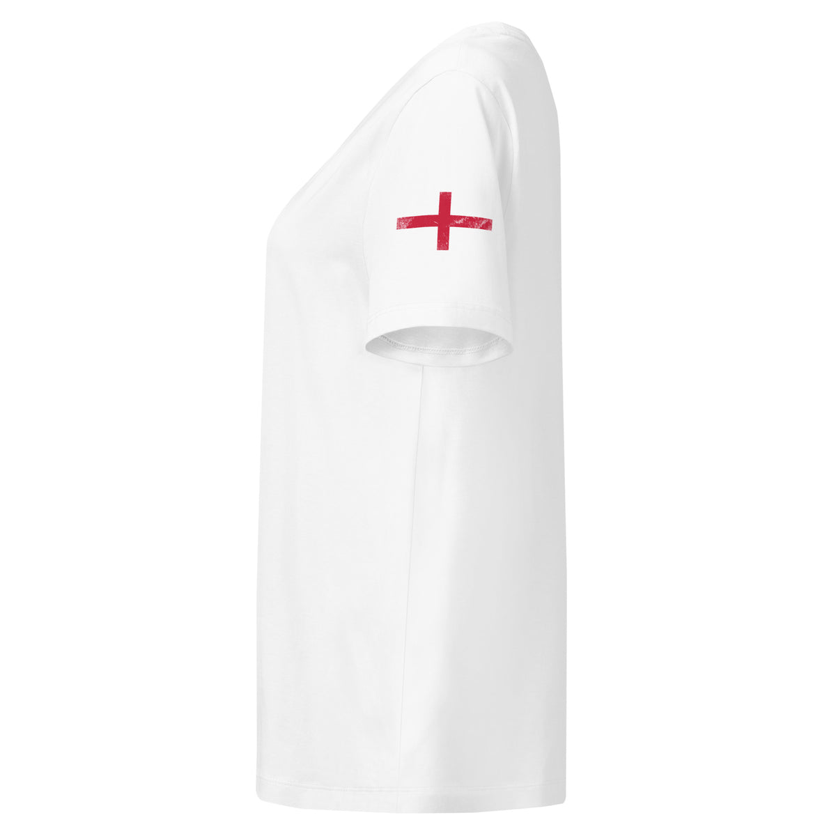 England flag t-shirt in White, vintage-washed print, flag badge on the left sleeve, women cut, side view