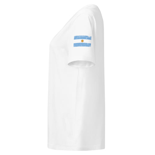 Argentina flag t-shirt in White, vintage-washed print, flag badge on the left sleeve, women cut, side view