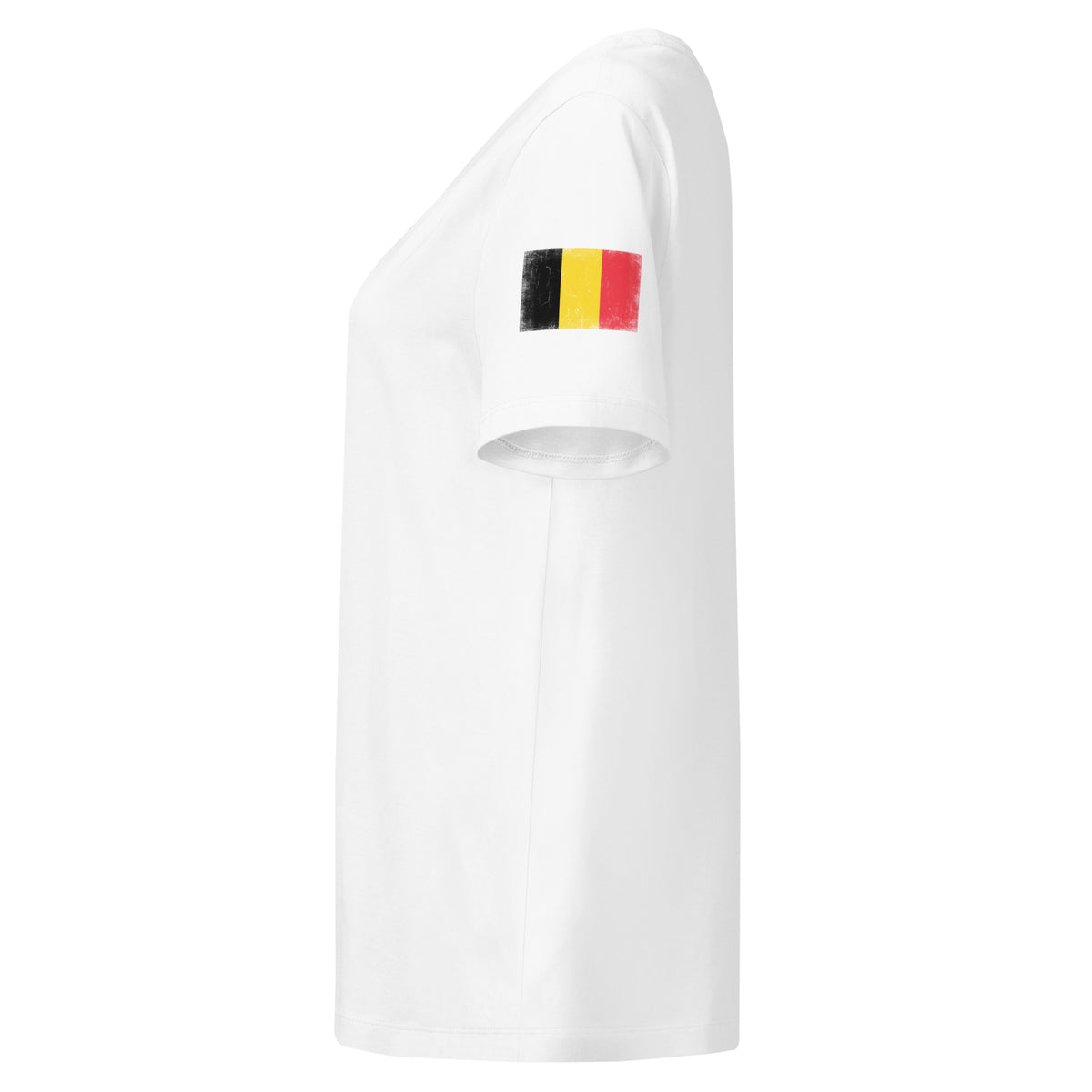 Belgium flag t-shirt in White, vintage-washed print, flag badge on the left sleeve, women cut, side view