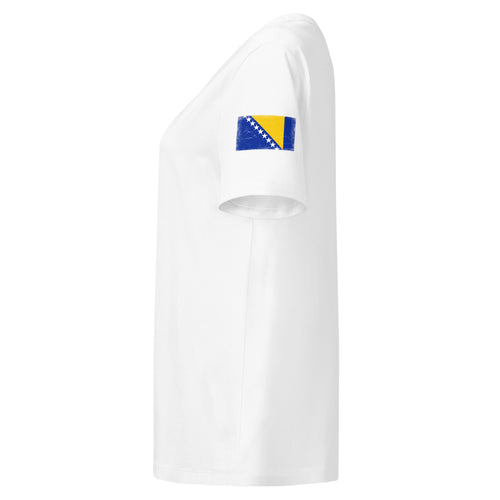 Bosnia and Herzegovina flag t-shirt in White, vintage-washed print, flag badge on the left sleeve, women cut, side view