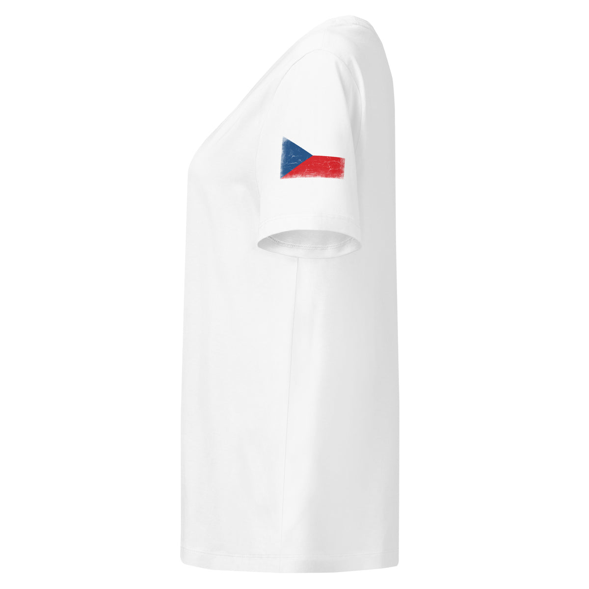 Czechia flag t-shirt in White, vintage-washed print, flag badge on the left sleeve, women cut, side view