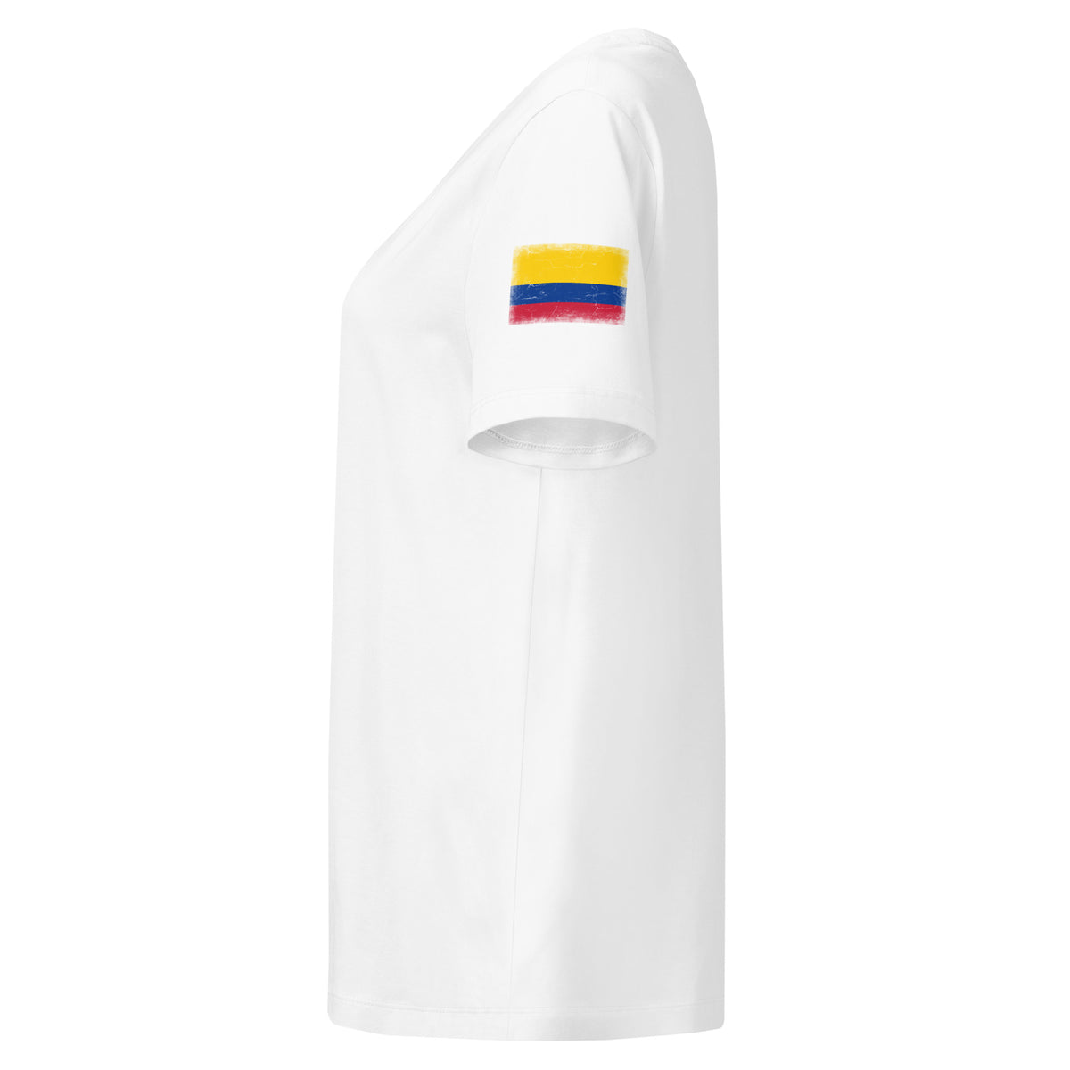 Colombia flag t-shirt in White, vintage-washed print, flag badge on the left sleeve, women cut, side view