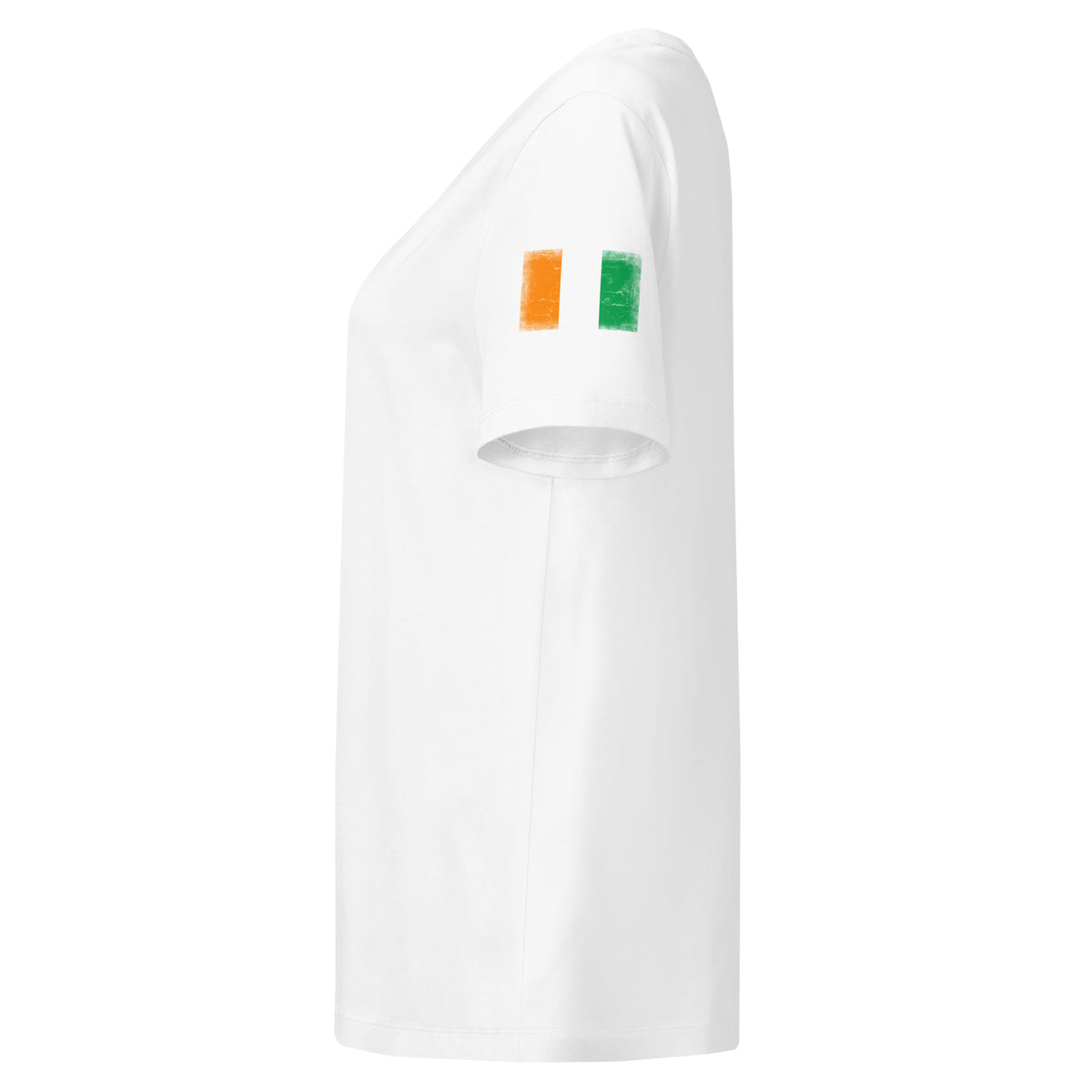Côte d'Ivoire flag t-shirt in White, vintage-washed print, flag badge on the left sleeve, women cut, side view