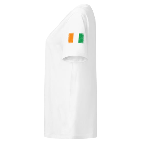Côte d'Ivoire flag t-shirt in White, vintage-washed print, flag badge on the left sleeve, women cut, side view