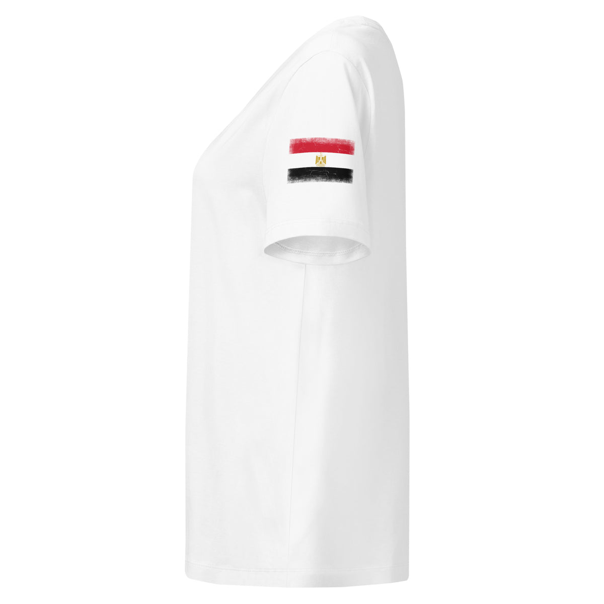 Egypt flag t-shirt in White, vintage-washed print, flag badge on the left sleeve, women cut, side view
