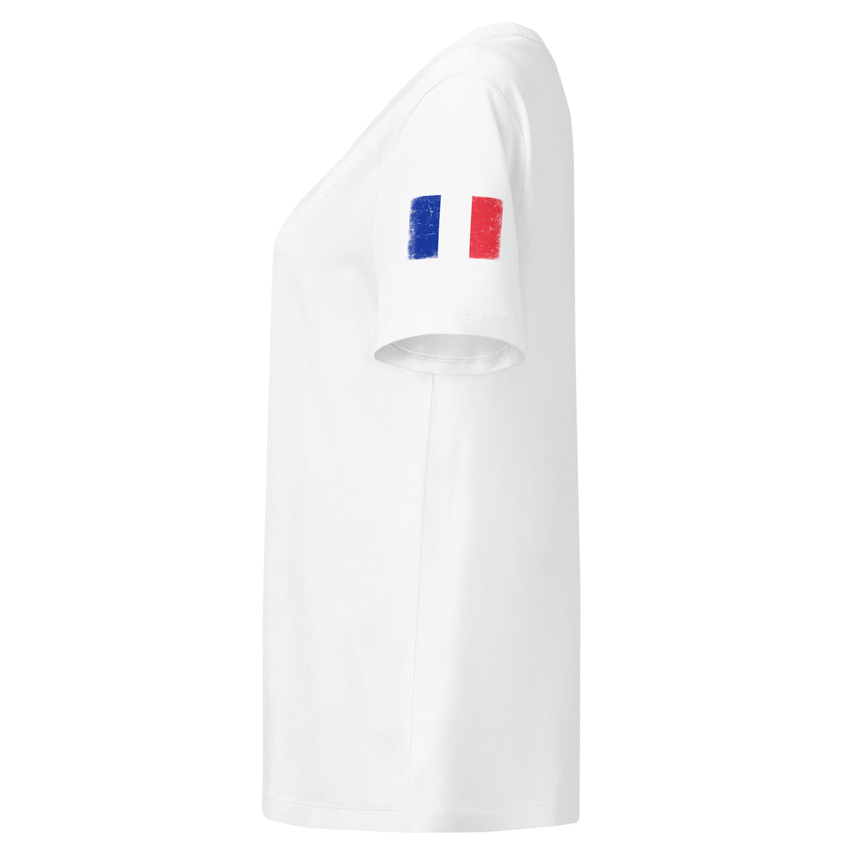 France flag t-shirt in White, vintage-washed print, flag badge on the left sleeve, women cut, side view