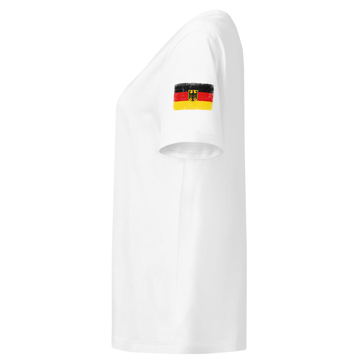 Germany flag t-shirt in White, vintage-washed print, flag badge on the left sleeve, women cut, side view