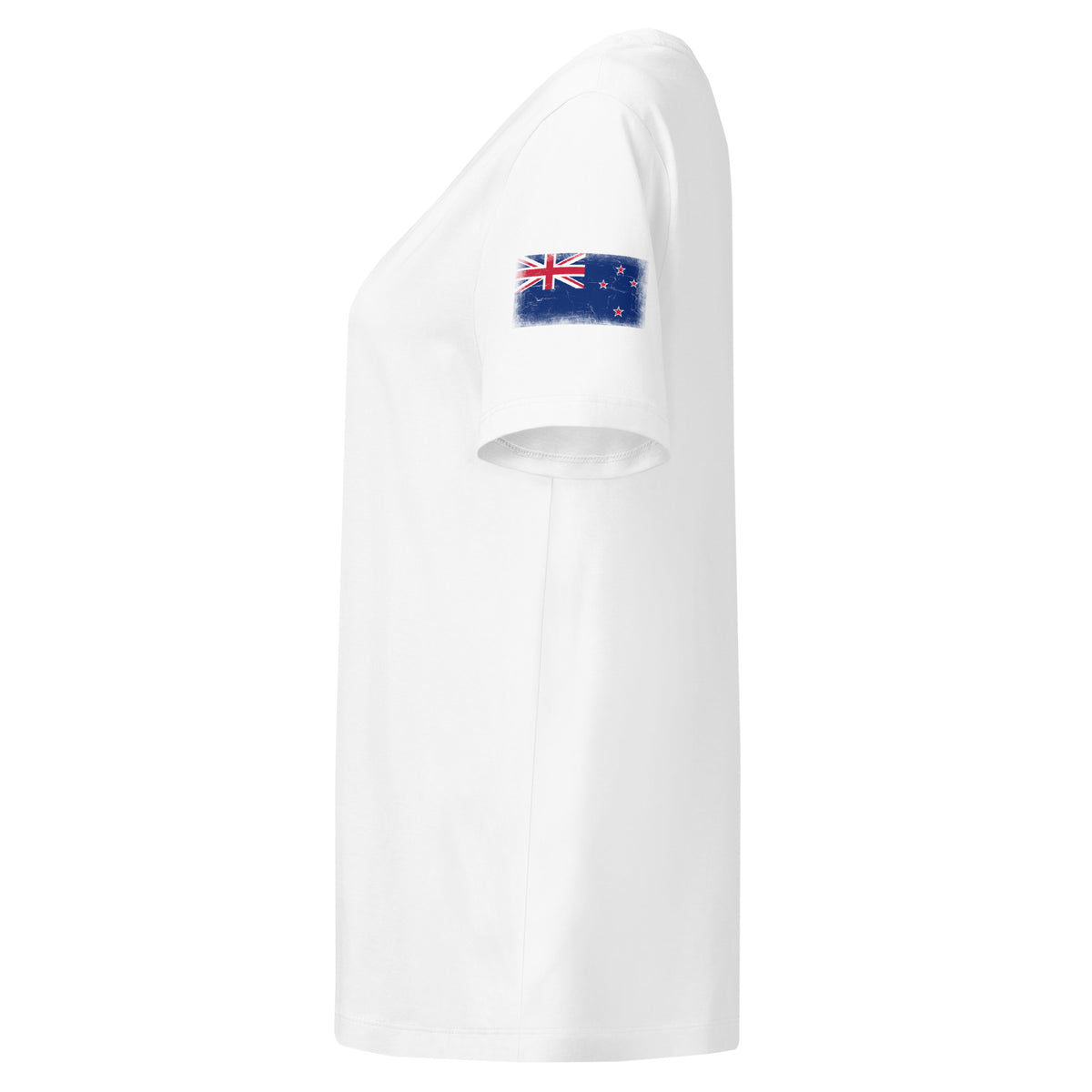 New Zealand flag t-shirt in White, vintage-washed print, flag badge on the left sleeve, women cut, side view