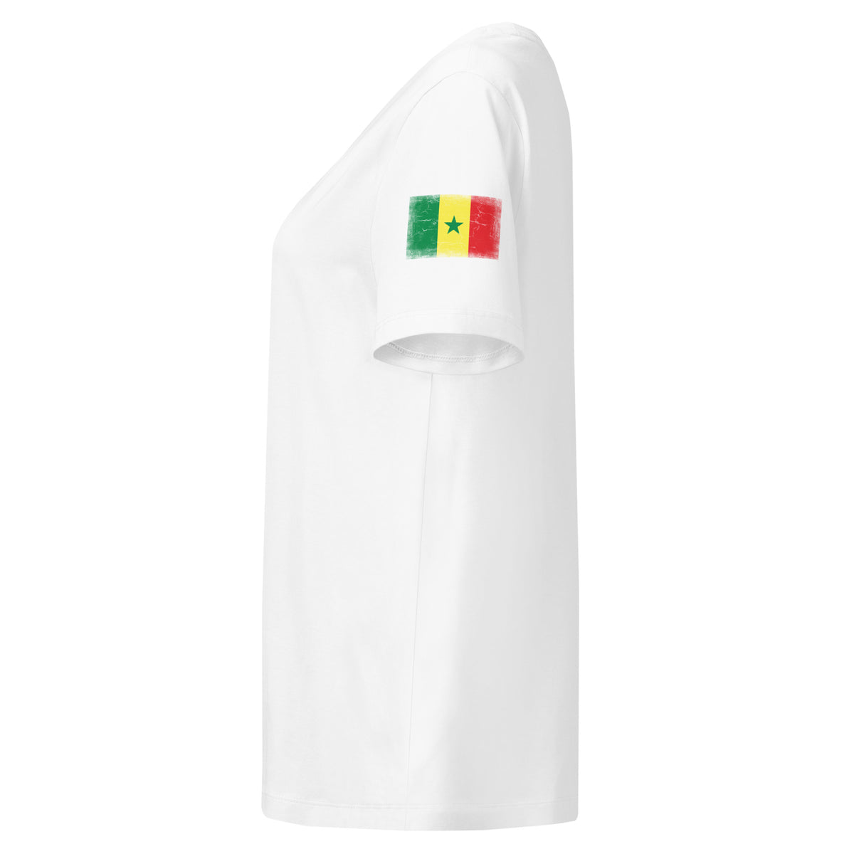 Senegal flag t-shirt in White, vintage-washed print, flag badge on the left sleeve, women cut, side view