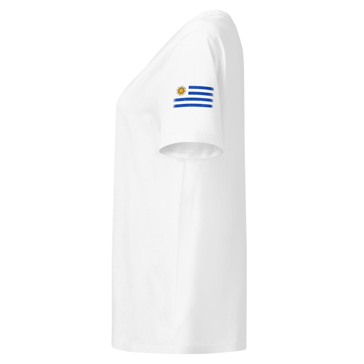 Uruguay flag t-shirt in White, vintage-washed print, flag badge on the left sleeve, women cut, side view