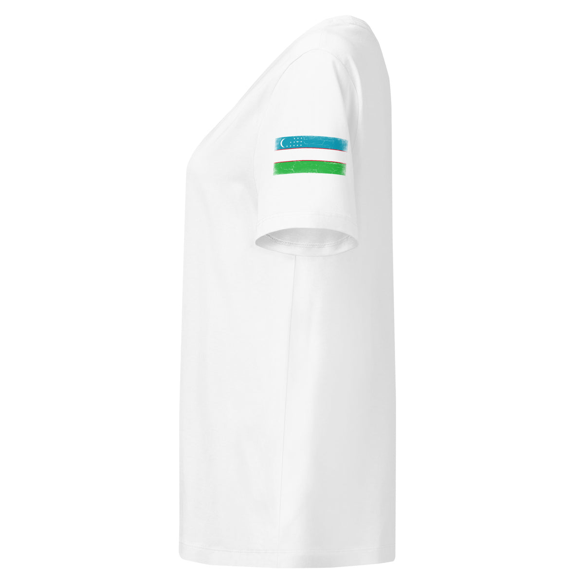 Uzbekistan flag t-shirt in White, vintage-washed print, flag badge on the left sleeve, women cut, side view
