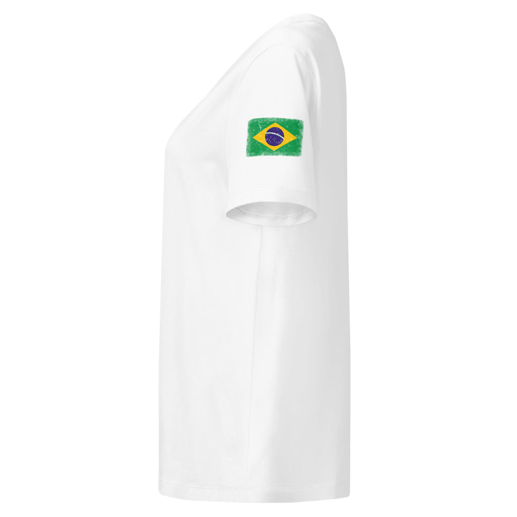 Brasil flag t-shirt in White, vintage-washed print, flag badge on the left sleeve, women cut, side view