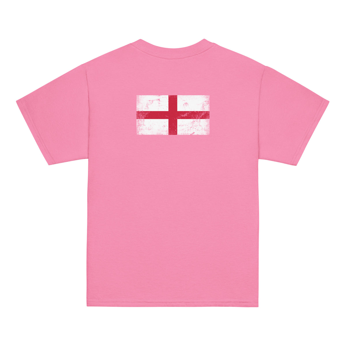 England flag t-shirt in Azalea, vintage-washed print, flag across the upper back, kids cut, back view
