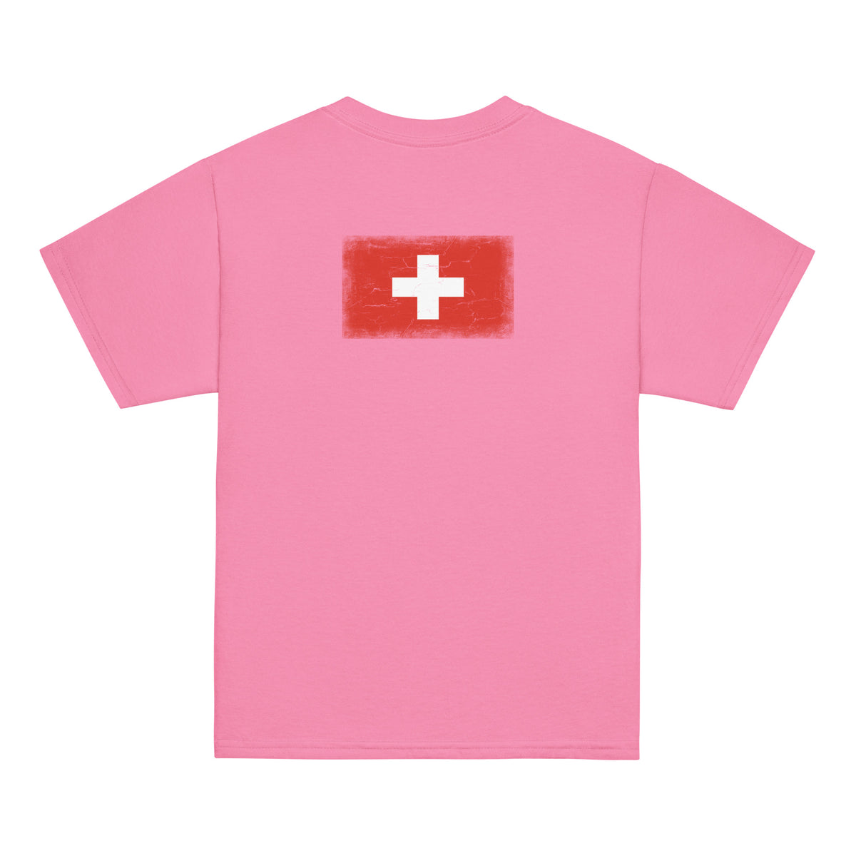 Switzerland flag t-shirt in Azalea, vintage-washed print, flag across the upper back, kids cut, back view