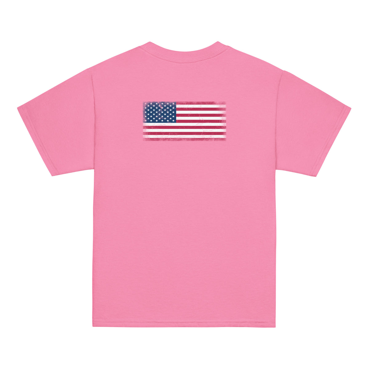 USA flag t-shirt in Azalea, vintage-washed print, flag across the upper back, kids cut, back view