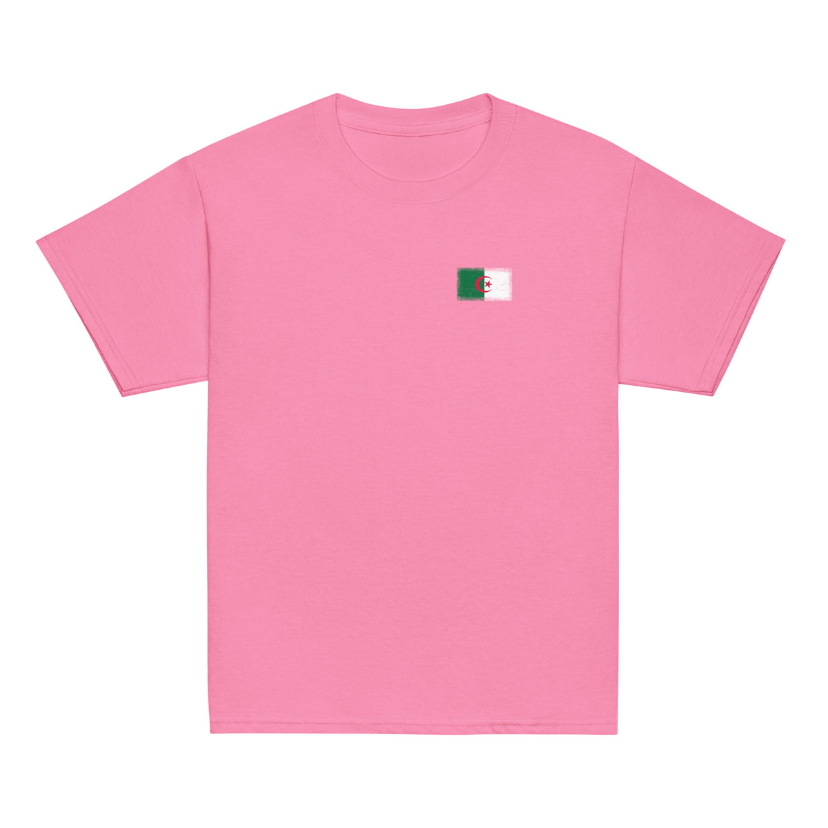 Algeria flag t-shirt in Azalea, vintage-washed print, small flag on the left chest, kids cut, front view