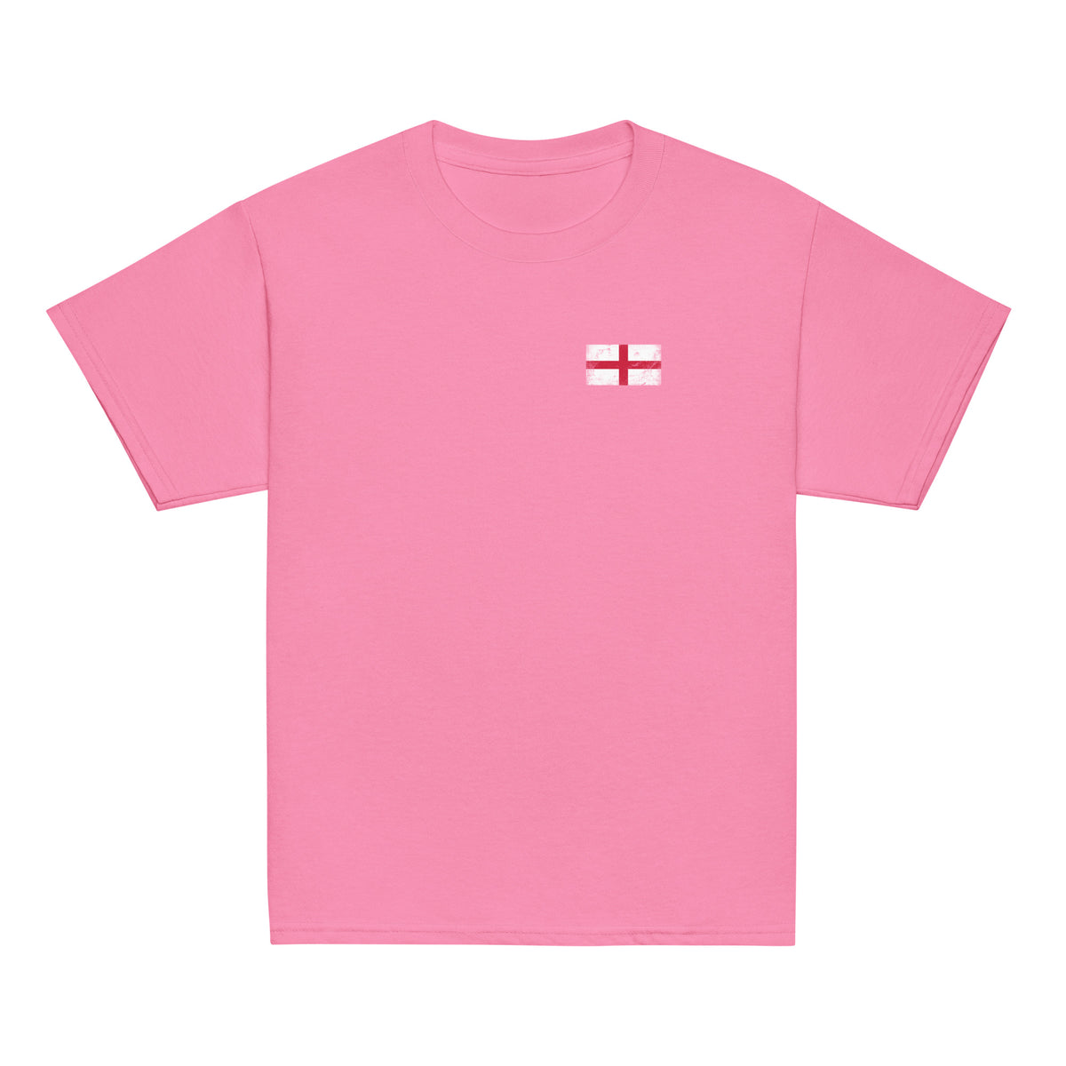 England flag t-shirt in Azalea, vintage-washed print, small flag on the left chest, kids cut, front view