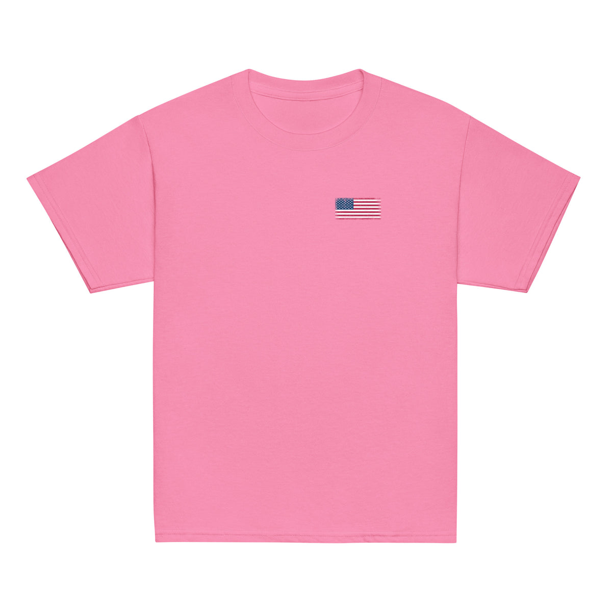 USA flag t-shirt in Azalea, vintage-washed print, small flag on the left chest, kids cut, front view