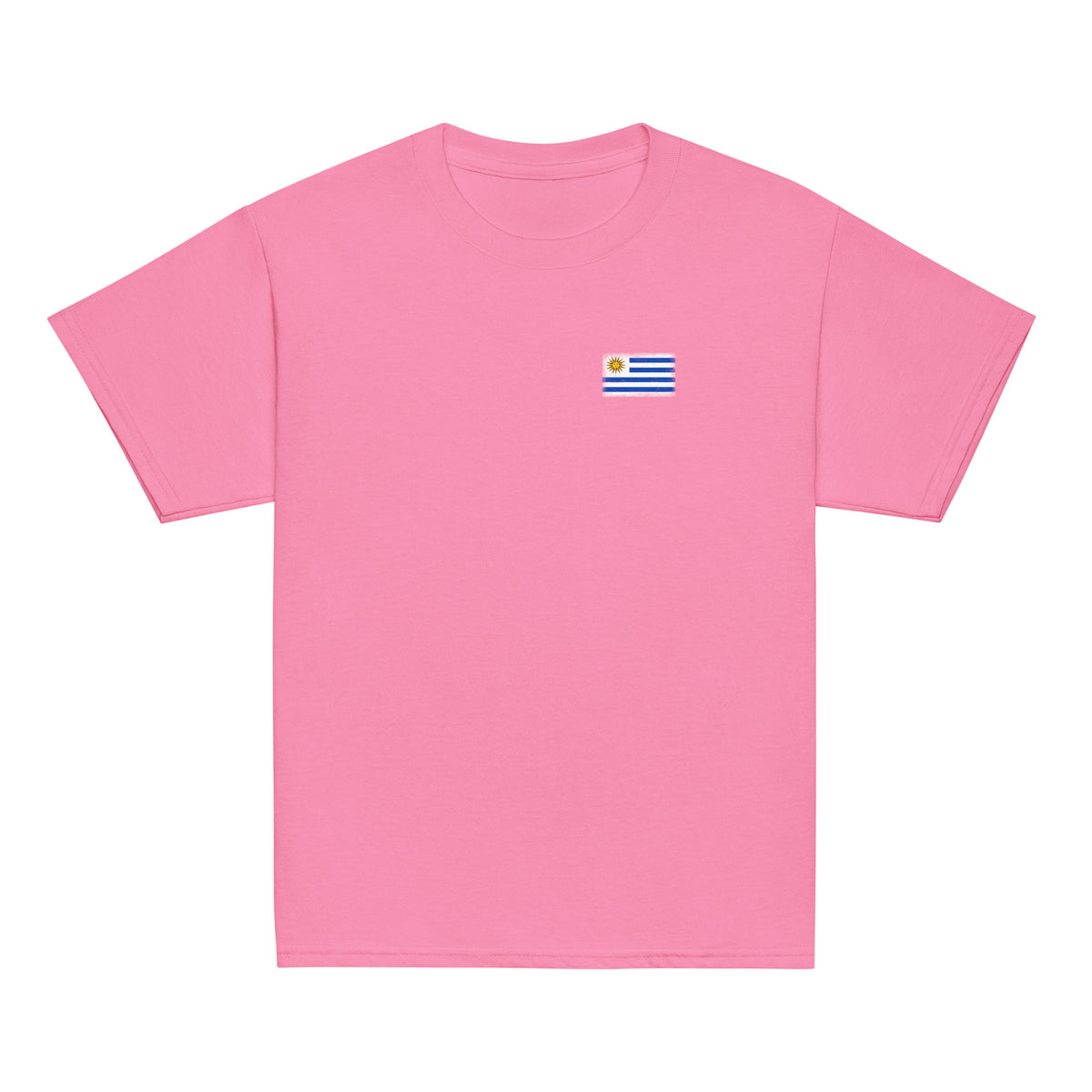 Uruguay flag t-shirt in Azalea, vintage-washed print, small flag on the left chest, kids cut, front view
