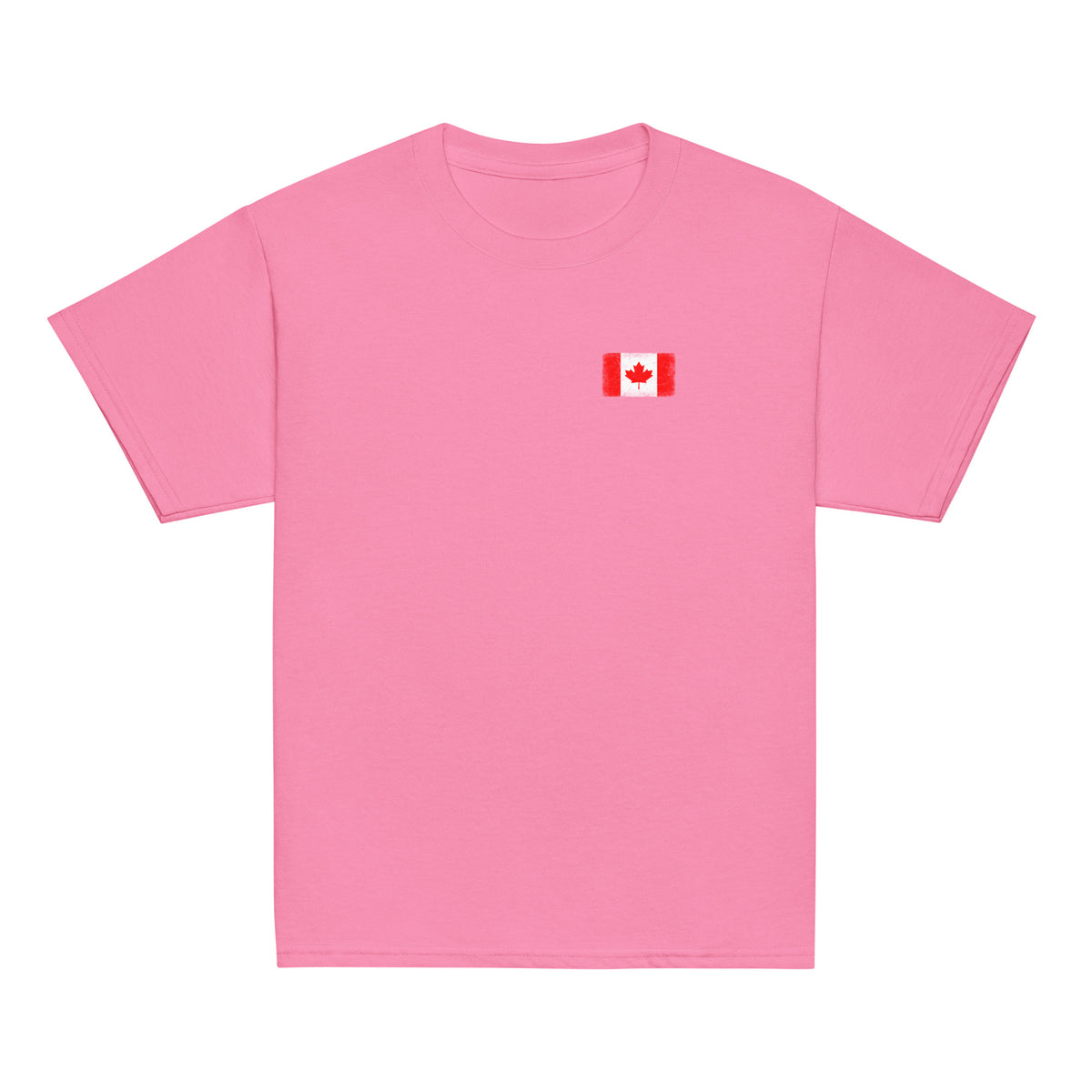 Canada flag t-shirt in Azalea, vintage-washed print, small flag on the left chest, kids cut, front view