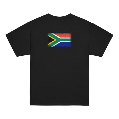 South Africa flag t-shirt in Black, vintage-washed print, flag across the upper back, kids cut, back view