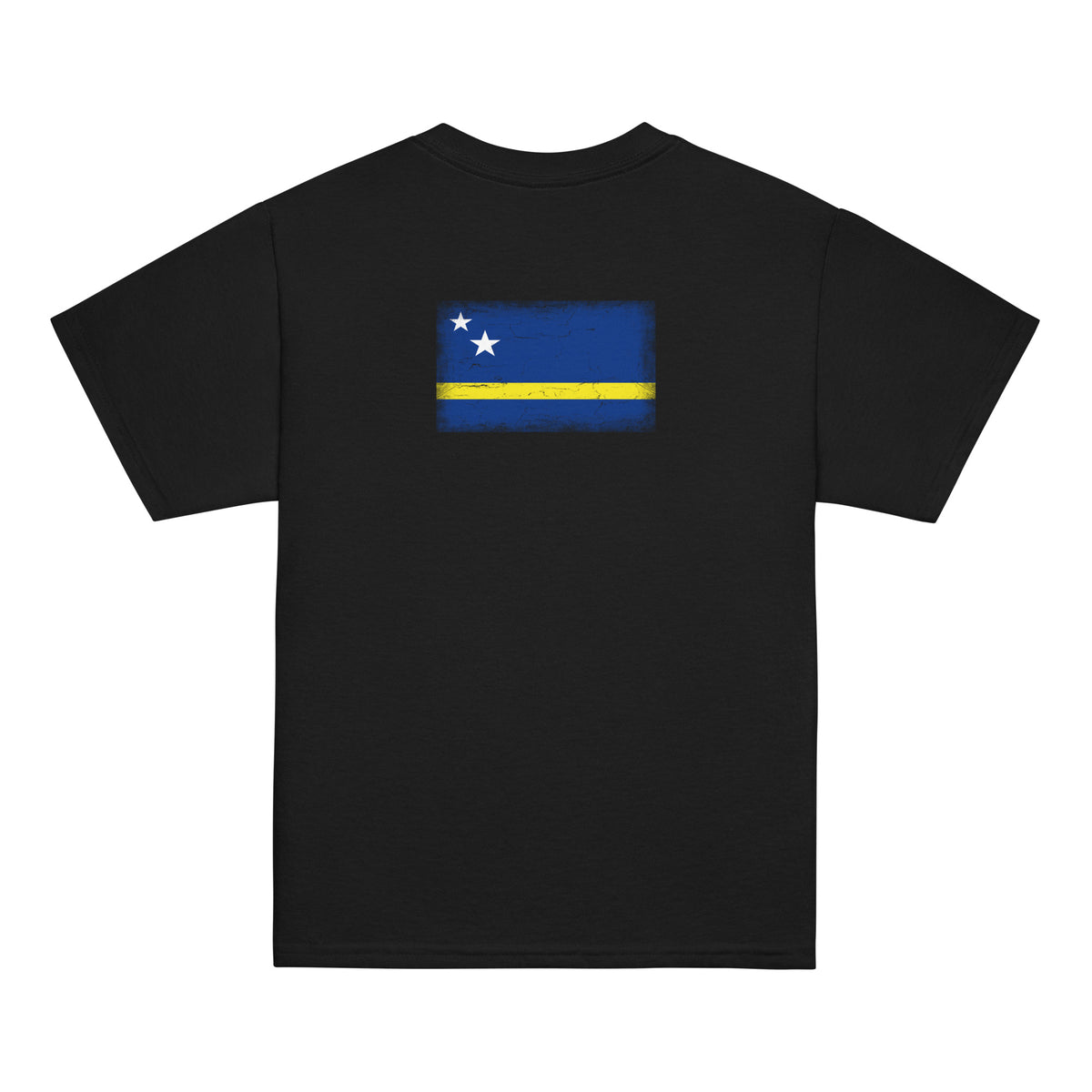 Curaçao flag t-shirt in Black, vintage-washed print, flag across the upper back, kids cut, back view