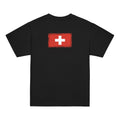 Switzerland flag t-shirt in Black, vintage-washed print, flag across the upper back, kids cut, back view