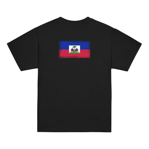 Haiti flag t-shirt in Black, vintage-washed print, flag across the upper back, kids cut, back view