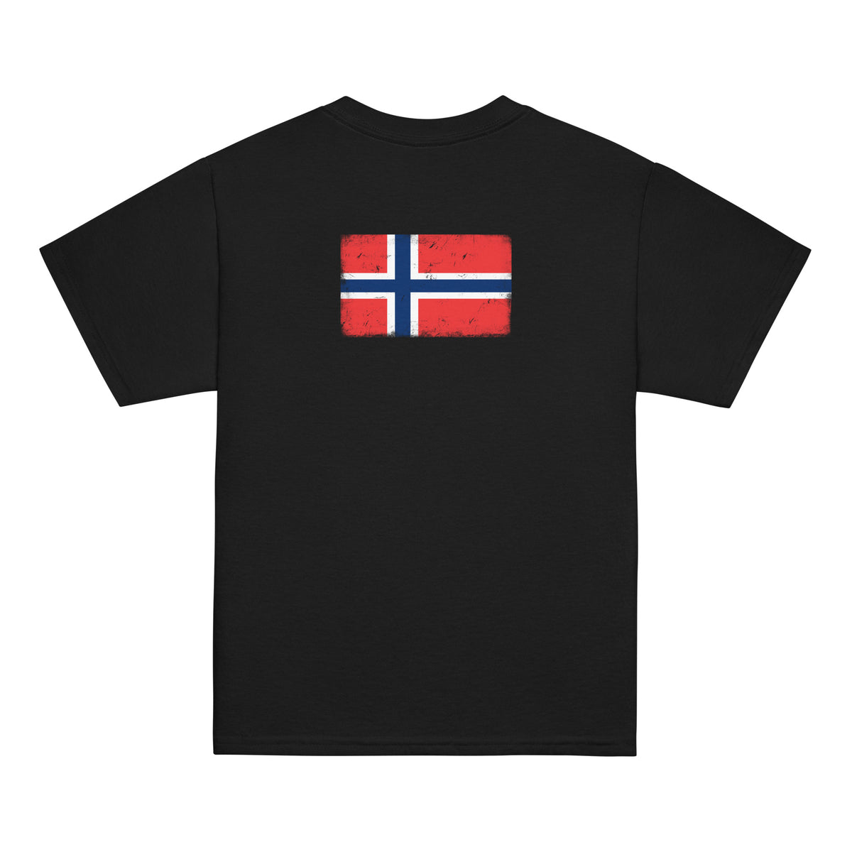 Norway flag t-shirt in Black, vintage-washed print, flag across the upper back, kids cut, back view