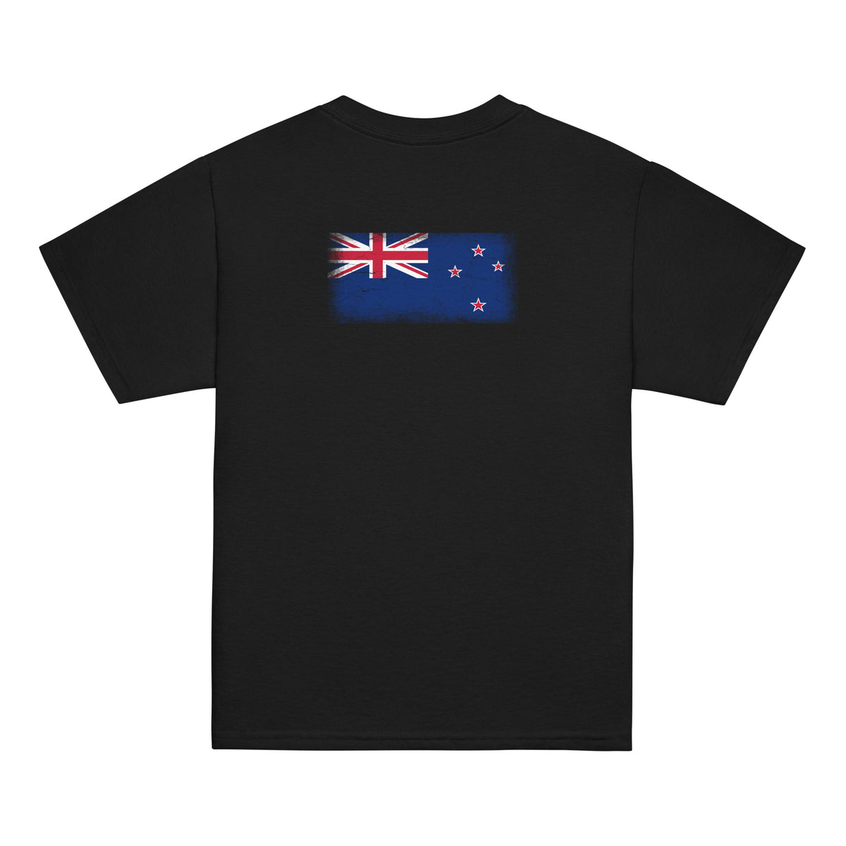 New Zealand flag t-shirt in Black, vintage-washed print, flag across the upper back, kids cut, back view