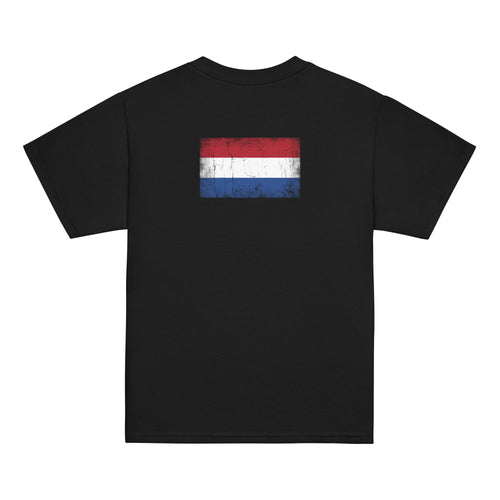 Netherlands flag t-shirt in Black, vintage-washed print, flag across the upper back, kids cut, back view