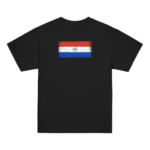 Paraguay flag t-shirt in Black, vintage-washed print, flag across the upper back, kids cut, back view