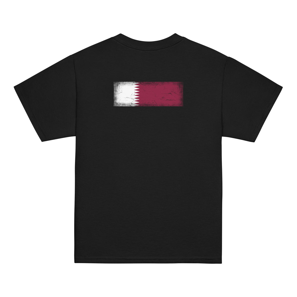 Qatar flag t-shirt in Black, vintage-washed print, flag across the upper back, kids cut, back view