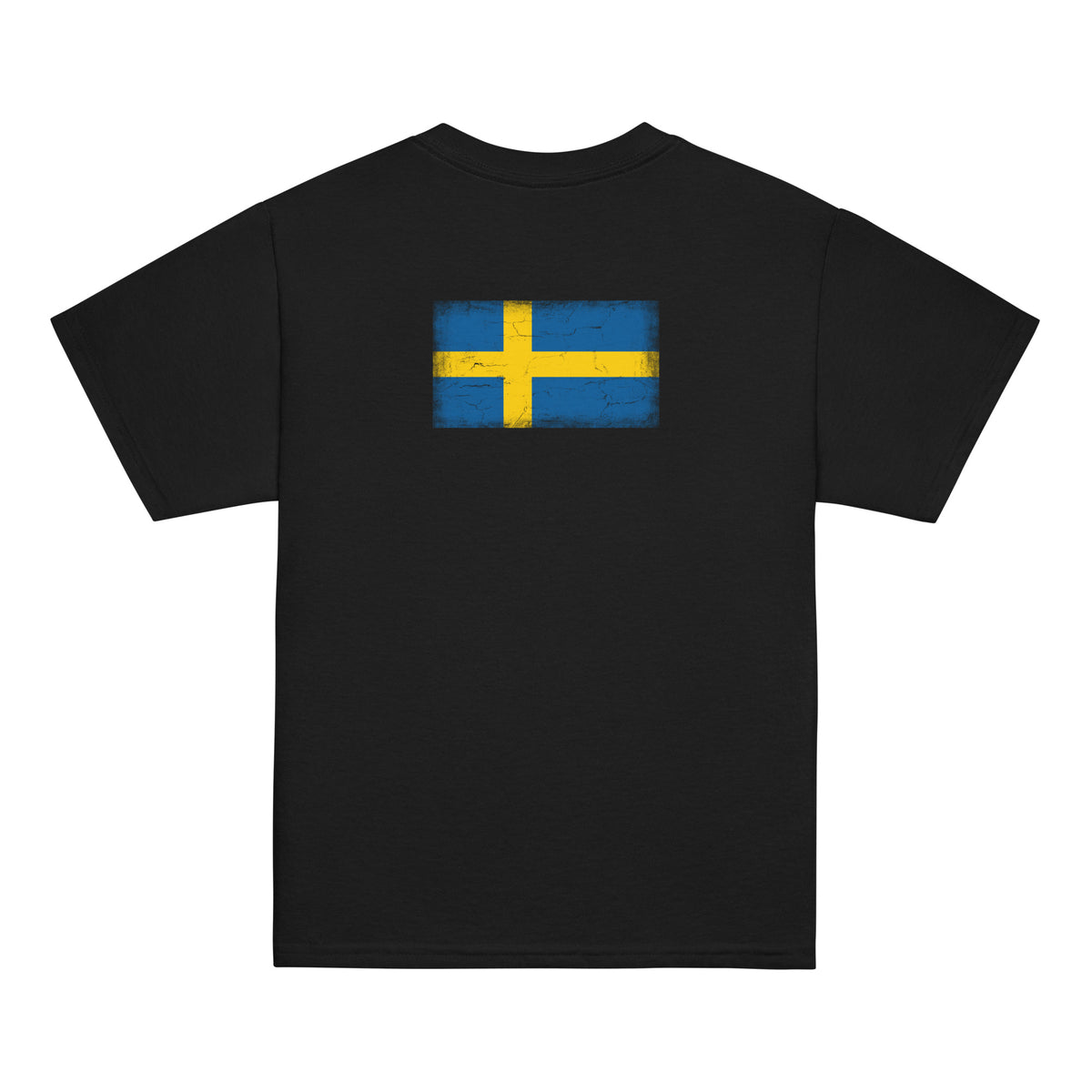 Sweden flag t-shirt in Black, vintage-washed print, flag across the upper back, kids cut, back view