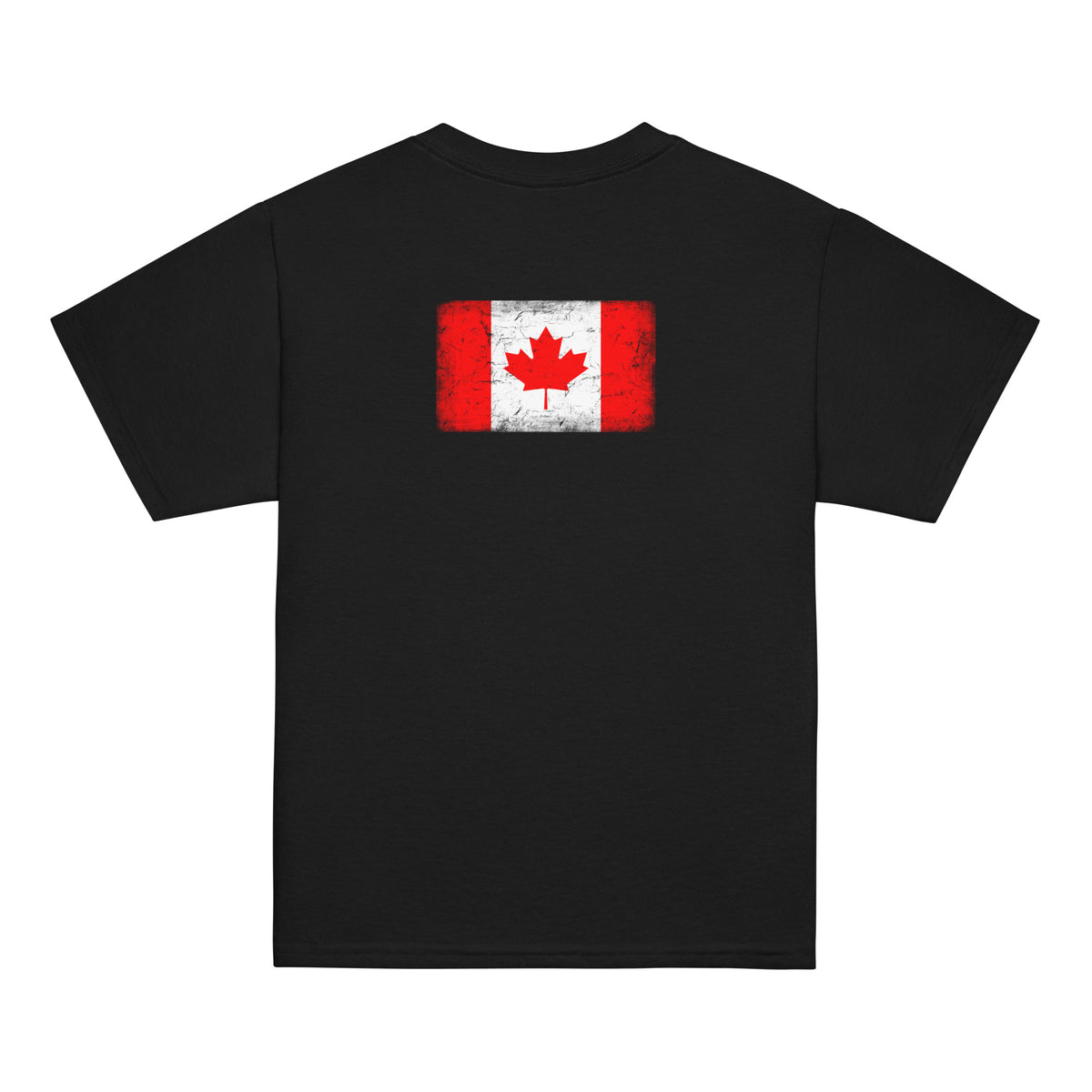 Canada flag t-shirt in Black, vintage-washed print, flag across the upper back, kids cut, back view