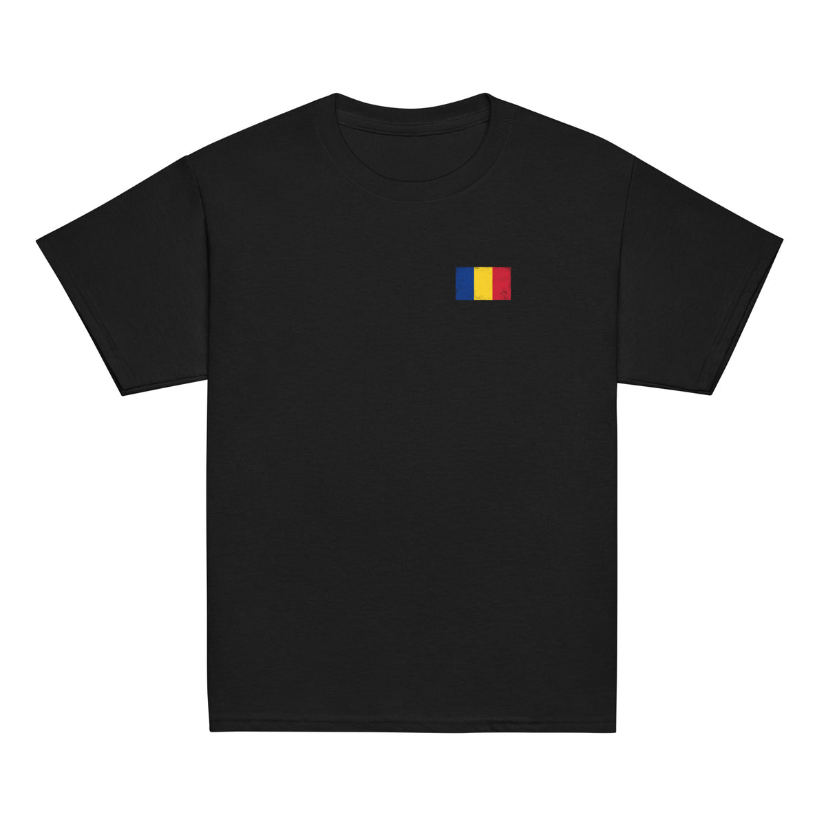 Romania flag t-shirt in Black, vintage-washed print, small flag on the left chest, kids cut, front view