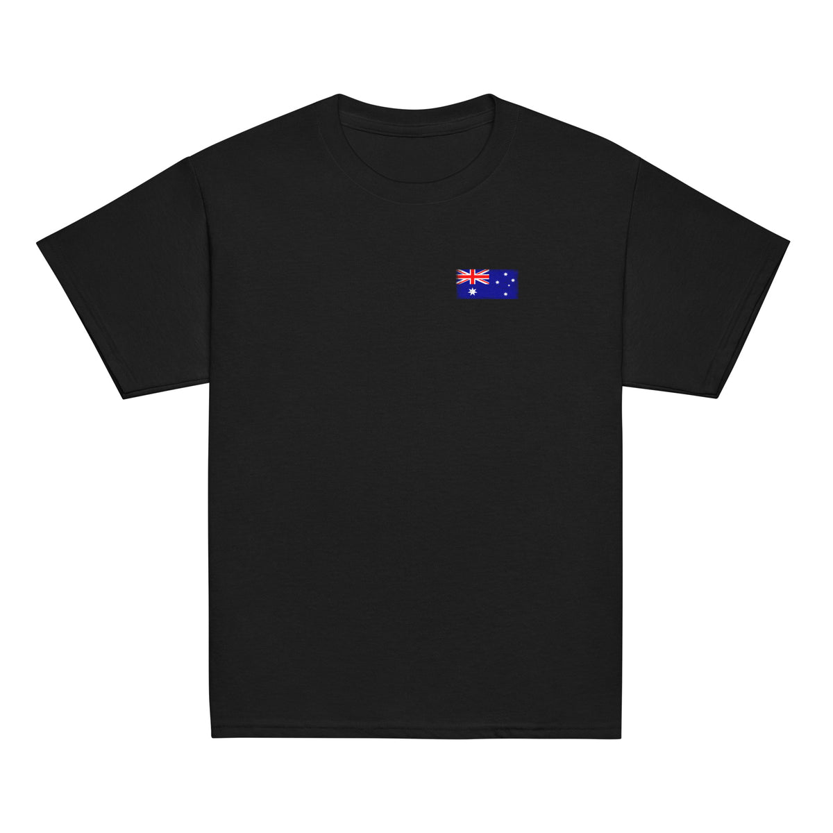 Australia flag t-shirt in Black, vintage-washed print, small flag on the left chest, kids cut, front view