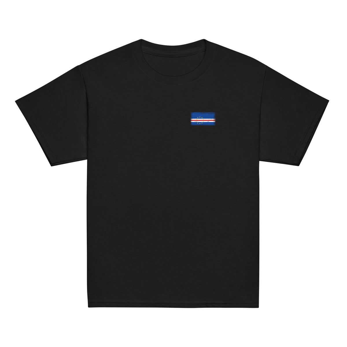 Cape Verde flag t-shirt in Black, vintage-washed print, small flag on the left chest, kids cut, front view